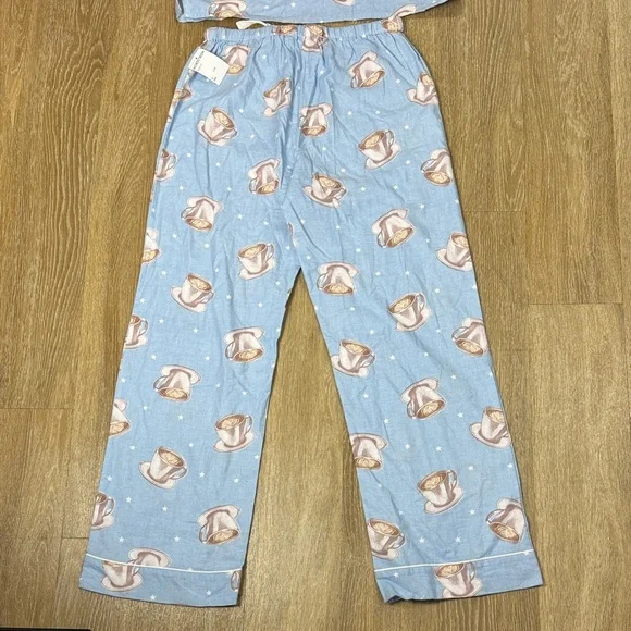 PJ Salvage Flannel Pajama Set Coffee Women Sky Blue Top & Pants size small - Picture 6 of 9